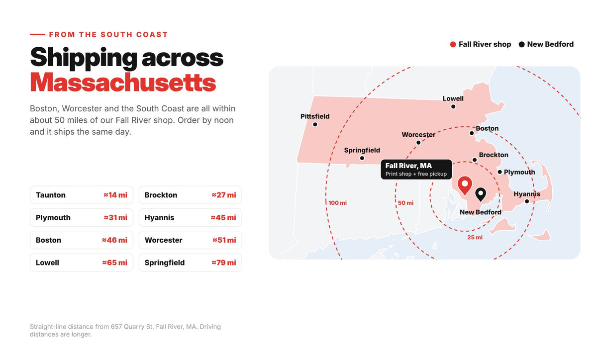 Map of Massachusetts showing the Punch Transfers DTF print shop in Fall River and New Bedford, with 25, 50 and 100 mile rings reaching Brockton, Plymouth, Hyannis, Boston, Worcester, Lowell, Springfield and Pittsfield.